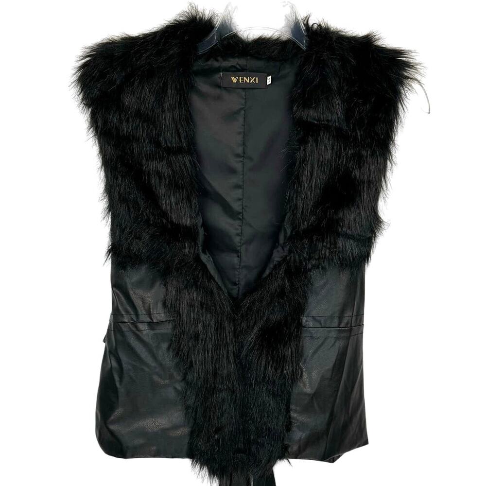 WENXI | Black Faux Leather with Faux Fur Collar Tie Back Vest | Women's Medium‎